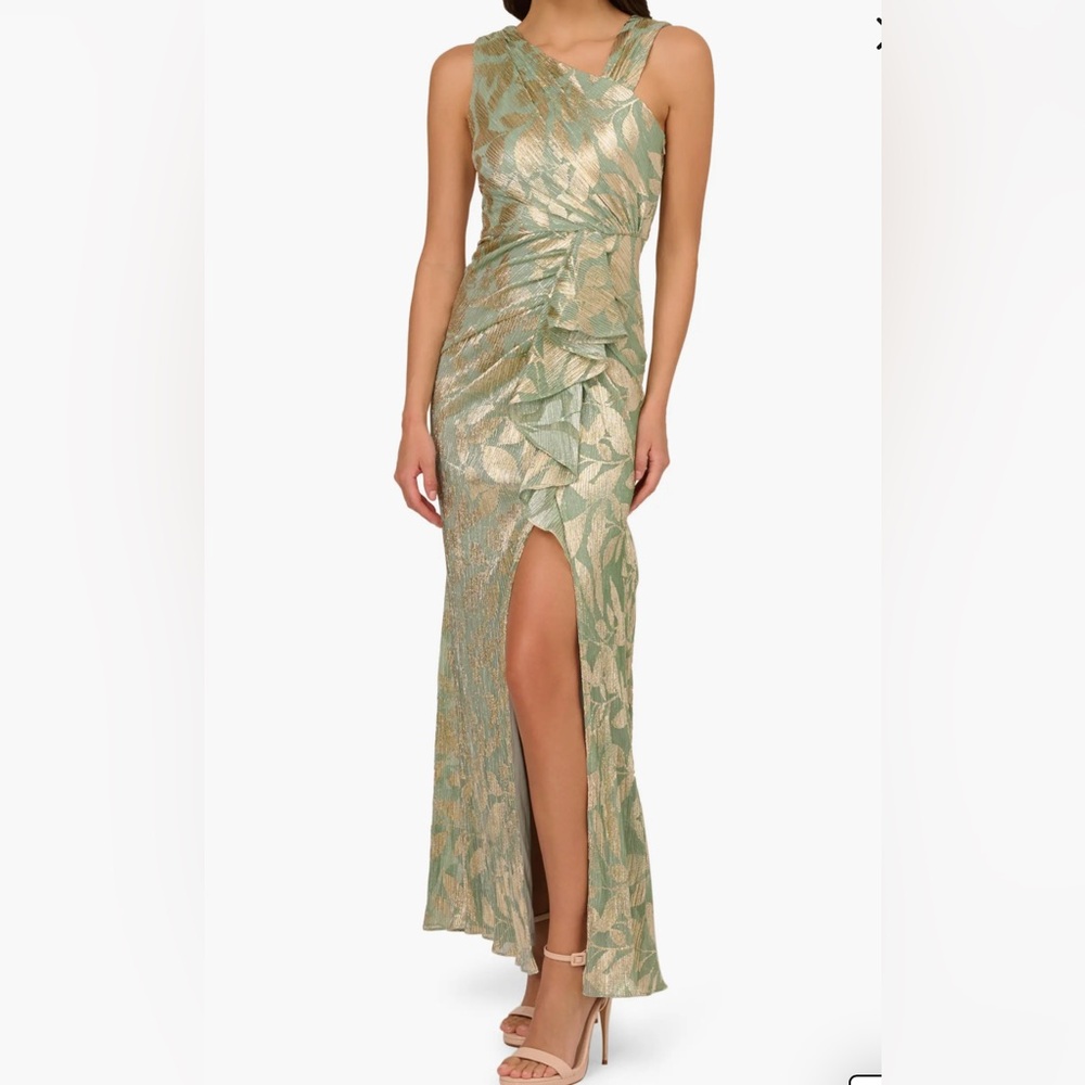 Adrianna Papell One Shoulder Gold and Green Gown